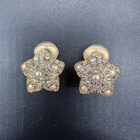Vintage Christian Dior Star Clip On Earrings Gold Tone Faux Pearl Crystal - Picture 2 of 7